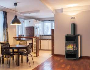 Недорогой стальной камин со стеклом Мета-Бел Ангара фото в интерьере в Бресте