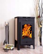 Стальной камин со стеклом Бавария Оптима с плитой фото в интерьере в Бресте