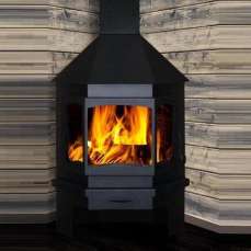 Стальной камин Бавария Мюнхен со стеклом угловой чёрный (без перемычки) фото в интерьере в Бресте