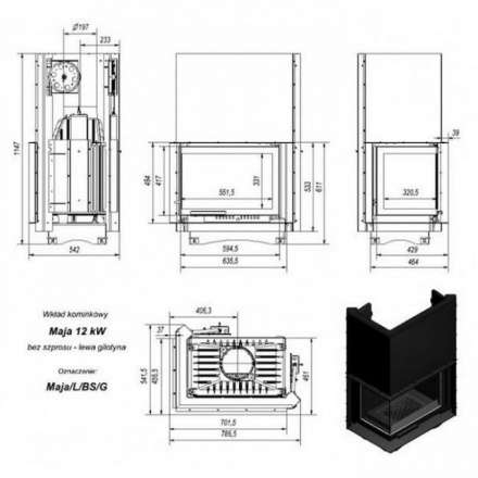 Каминная топка Kratki Maja/L/BS/G (угловое стекло слева, гильотина) в Бресте