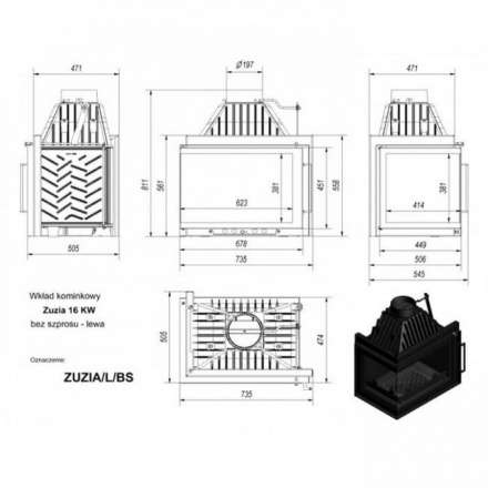 Каминная топка Kratki Zuzia/L/BS (угловое стекло слева) в Бресте