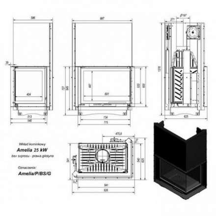 Каминная топка Kratki Amelia/P/BS/G (угловое стекло справа, гильотина) в Бресте